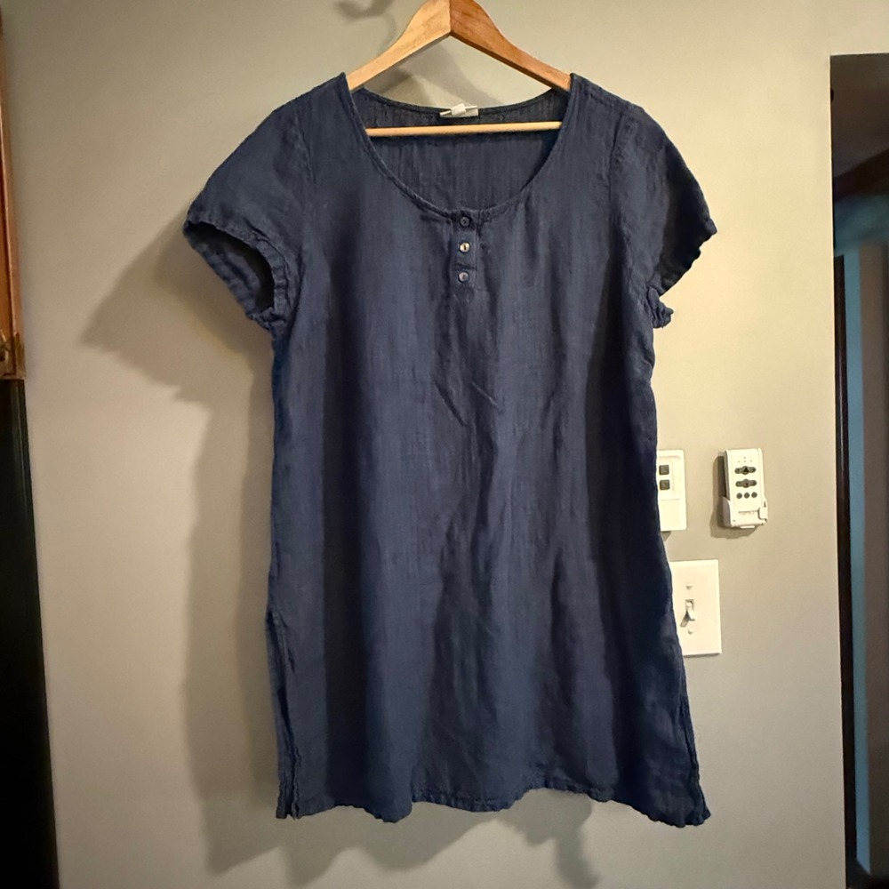 Pure Jill Tunic Top Women Large Blue Linen Henley Short Sleeve Herringbone